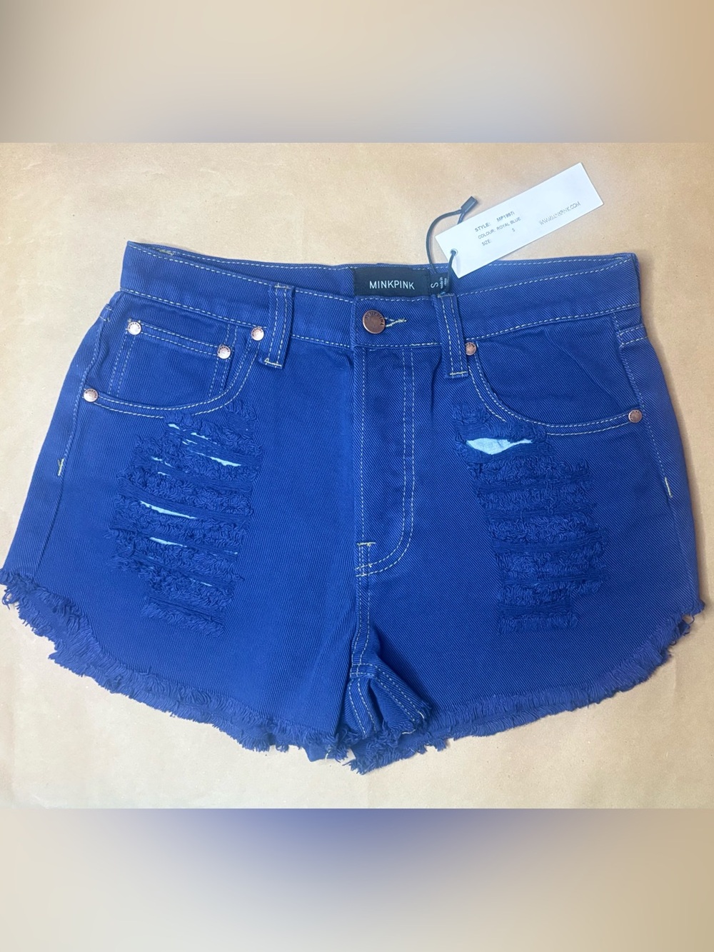 Minkpink Royal Blue Distressed Denim Shorts, Size Small, Raw Frayed Hem